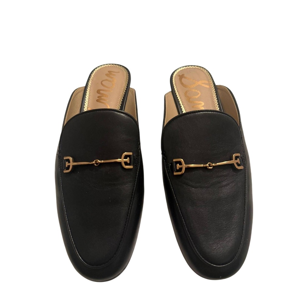 Sam Edelman Linnie Bit Mules Black Leather Slip On Loafer Flats Gold Hardware 9M